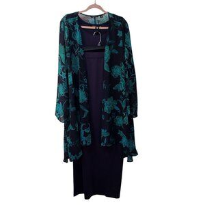 Iman: 3-Piece Blue-Green Floral Pant Set, Size 2X (Duster, Tank & Pull-On Pants)
